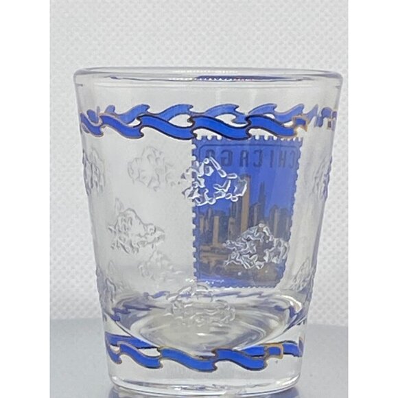 Vintage Chicago Blue And Gold Shot Glass w/ embossed raised pattern clouds - Picture 6 of 7